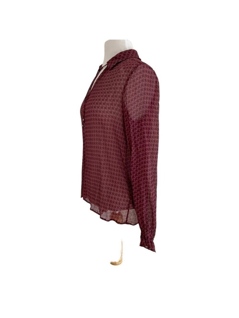 Paige Brea 100% Silk Burgundy Red Houndstooth Blouse Sheer Small houndstooth - Picture 6 of 15